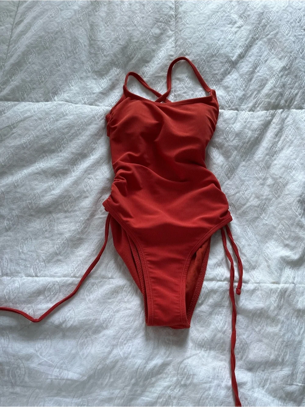 Women’s rust Ribbed One-Piece Swimsuit with Side Ties size XS